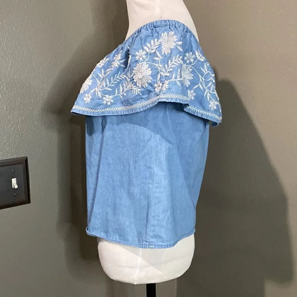 Forever 21 Off Shoulder Blouse White Floral Embroidery Chambray Denim Top
